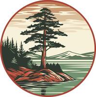 Pine Tree on a Rocky Island by the Lake vector