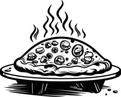 A black and white illustration of a delicious pizza with steaming toppings vector