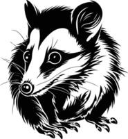 A striking black and white illustration of a raccoon, captured in a dynamic pose vector