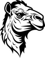 A striking black and white illustration of a camel's head, rendered in a bold, graphic style vector