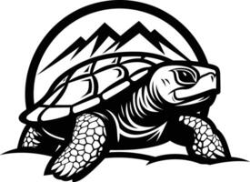 Black and white element illustration of a turtle with mountain background vector