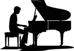 Silhouette of a pianist playing a grand piano, perfect for design projects related to music, performance, and classical arts vector