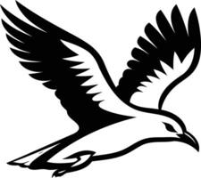 A bold and simple black and white illustration of a seagull in flight, perfect for logos, designs, and illustrations vector