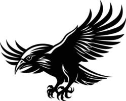 Black and white element illustration of a fierce crow in flight, perfect for tattoo designs, logo concepts, or any project needing a powerful and striking image vector