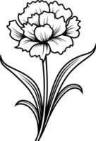 Elegant black and white line drawing of a single carnation flower with leaves vector