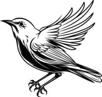 A detailed black and white illustration of a bird with spread wings in flight vector