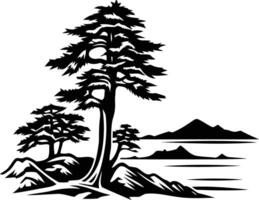 Black and white illustration of a lone tree on a rocky shore, with a mountain range and water in the distance vector