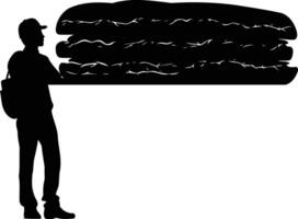 Silhouette of a person carrying a large, layered object, suggesting a massive burger, pastry, or cake vector