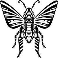 A bold, black and white illustration of a stylized insect with geometric wings and intricate patterns vector