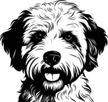 A black and white illustration of a cute, fluffy dog looking directly at the viewer vector