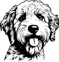 A charming black and white illustration of a happy, fluffy dog with a wagging tail vector