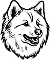 Black and white line drawing of a dog's head, featuring a smiling expression with detailed fur and facial features vector