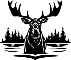 A powerful black and white illustration of a majestic moose standing in a lake with a forest background vector