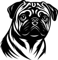 A striking black and white illustration of a pug's face, perfect for pet related projects, branding, or tattoo designs vector