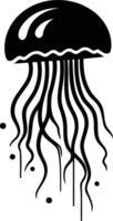 A simple yet striking black and white illustration of a jellyfish with flowing tentacles vector