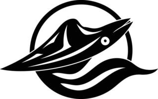 Abstract black and white logo design featuring a stylized fish or bird with an eye and a wavy pattern vector