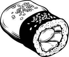 A simple yet striking line art illustration of a sushi roll with sesame seeds, perfect for menu design, food blogs, or any project needing a clean and modern aesthetic vector