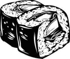 A bold black and white illustration of a sushi roll, perfect for menus, packaging, or social media posts vector