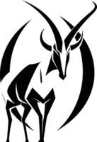 Stylized black and white illustration of an antelope with long horns, standing on a crescent moon vector