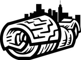 Black and white illustration of a stylized road roller with a cityscape in the background vector