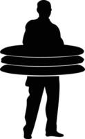 Silhouette of a man holding a stack of three round objects, perfect for illustrating concepts related to business, leadership, or responsibility vector