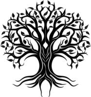 Black and white illustration of a stylized tree with intricate branches and roots vector