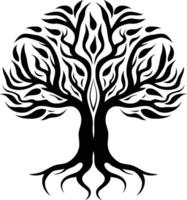 A stylized, black and white tree silhouette with intricate branching and a strong root system vector