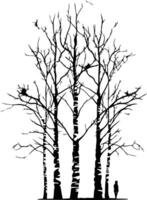 A stark silhouette of four trees against a white background vector