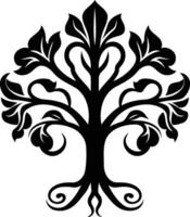 Elegant black and white silhouette of a stylized tree with intricate branches and roots vector