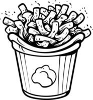 Black and white cartoon illustration of a bucket of french fries, perfect for adding a touch of fun and nostalgia to your designs vector
