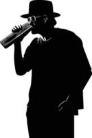 Silhouette of a man in a hat and sunglasses drinking from a bottle vector