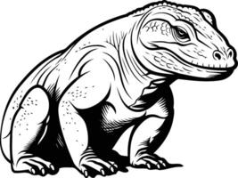 Black and white element illustration of a powerful, crouched komodo dragon vector