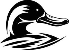 A bold, black and white illustration of a duck's head with stylized feathers and water, perfect for logos, branding, or design projects vector