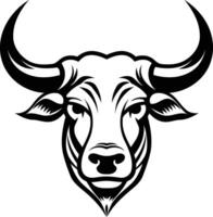 A bold black and white illustration of a bull's head, featuring powerful horns and a determined expression vector