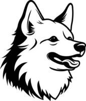 A bold black and white illustration of a dog's head, perfect for creating eye catching designs, logos, and apparel vector