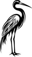 A striking black and white illustration of a crane in a stylized, almost tribal design vector