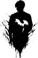 Silhouette of a man with wings on his chest, rendered in a grunge style, perfect for dark and edgy designs vector
