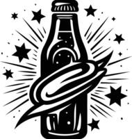 Retro style black and white illustration of a bottle of beer, with a comet tail around it vector
