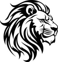 A bold, black and white illustration of a lion's head in profile, featuring intricate linework and a fierce expression vector