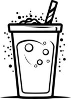 A simple line art illustration of a glass of soda with a straw, featuring bubbles and a retro feel vector