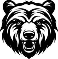 A fierce black and white illustration of a bear's head, with sharp teeth and a menacing expression vector