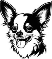 Black and white illustration of a smiling chihuahua head, perfect for pet lovers and designers seeking a simple yet striking image vector
