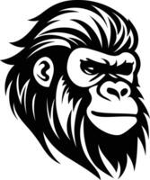 A bold and powerful black and white illustration of a gorilla's head, perfect for tattoo designs, apparel graphics, or any project needing a strong, primal image vector