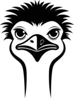 A black and white element illustration of an ostrich head with a cute, curious expression vector