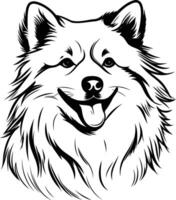 A simple yet striking black and white line art illustration of a fluffy dog, featuring its joyful face and wagging tongue vector