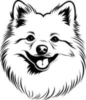 A simple yet striking black and white line drawing of a smiling pomeranian dog vector