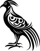 Stylized black and white tattoo design of a bird with intricate patterns and a long tail vector