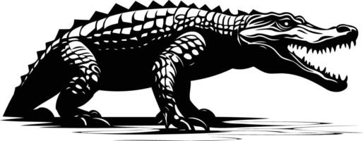 Powerful black and white silhouette of an alligator or crocodile with sharp teeth and scales vector