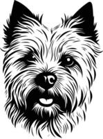 A detailed black and white illustration of a yorkshire terrier's head, capturing its expressive eyes and playful nature vector