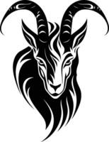 A bold and striking black and white illustration of a stylized goat head with flowing horns and mane, perfect for tattoo designs, logos, and branding vector